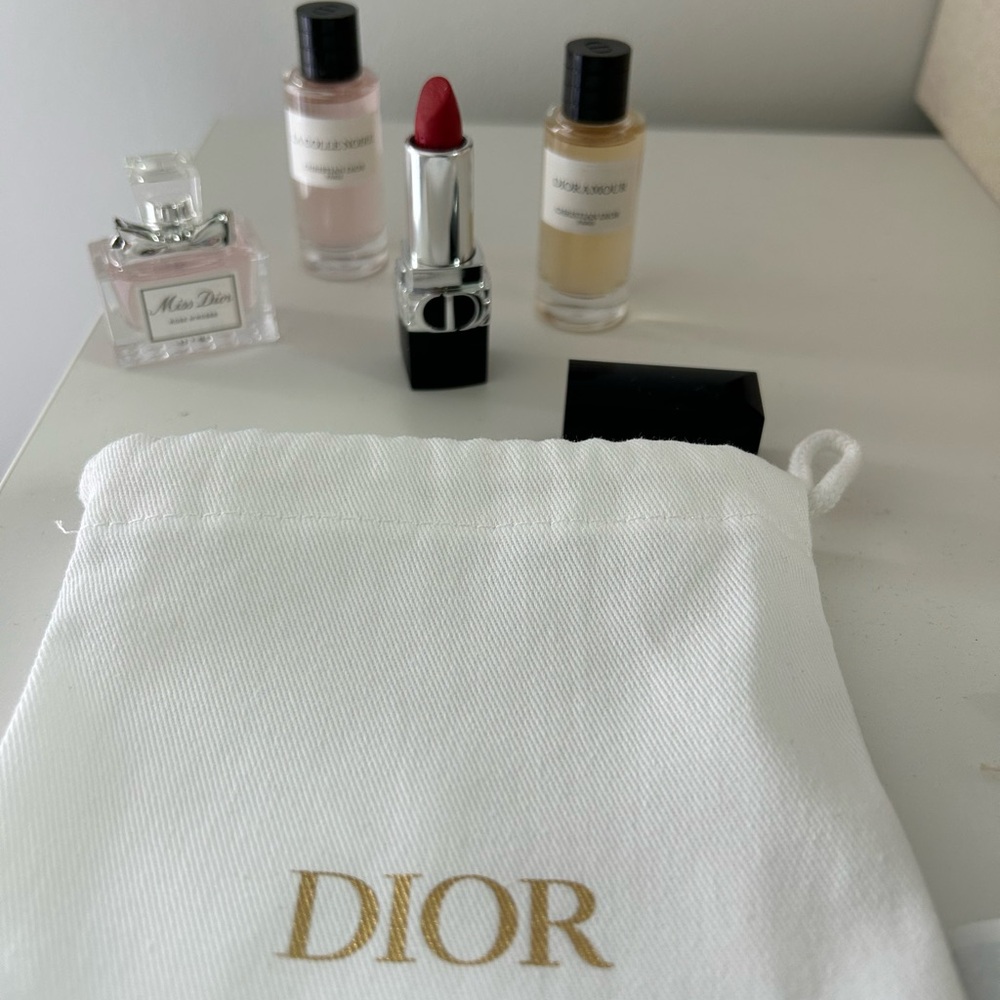 Dior Samples— Rouge Dior lipstick , 3 perfume samples with white Dior sample bag